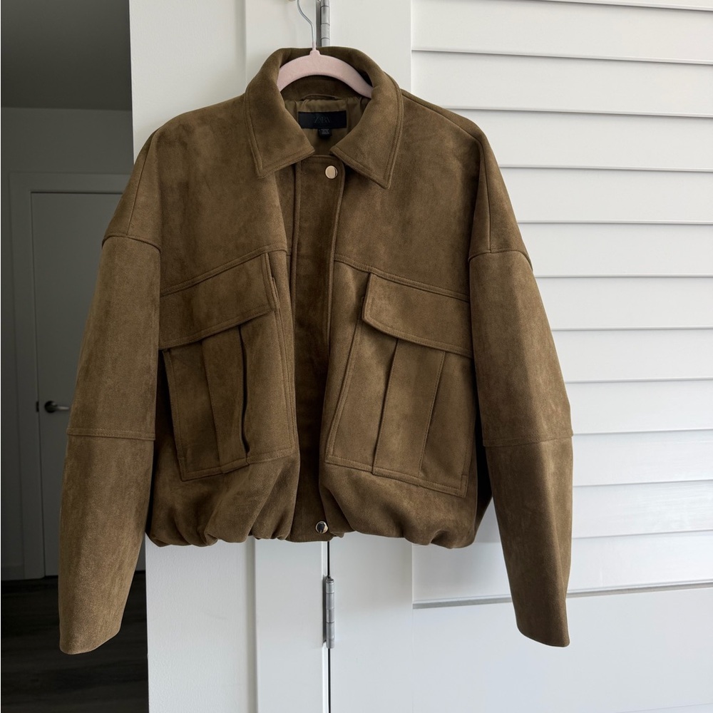 Zara Suede Bomber Jacket - Classic Pocket Design